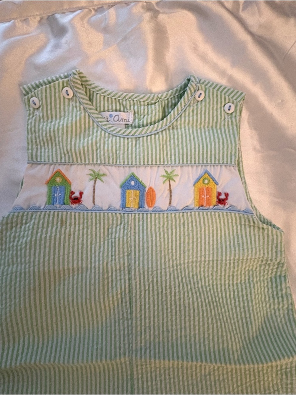 Petit Ami Green and White Striped Baby Footie with Beach House Smocking